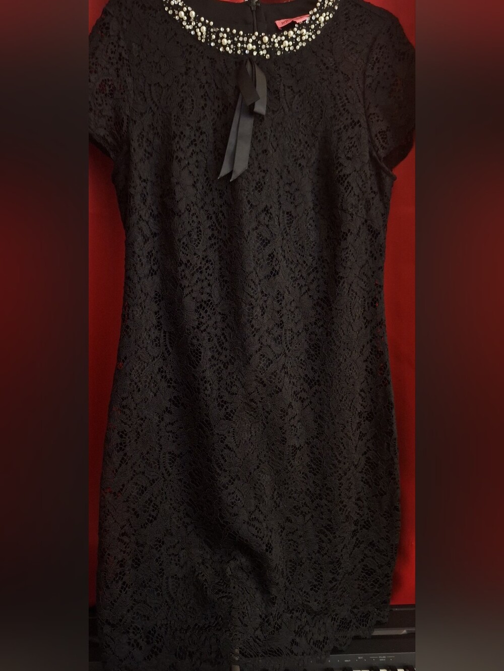 Betsey Johnson Black Lace Shift Dress with Pearl Collar
